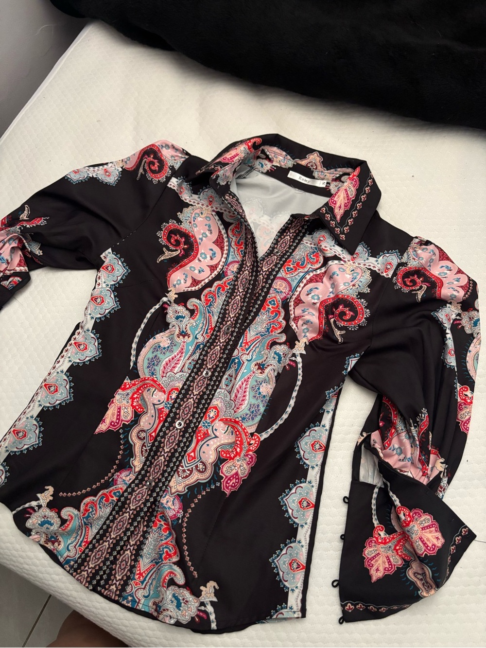 Black Paisley Button-Up Blouse with Pink & Red Accents